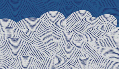 Crafted hand drawn wave brush line abstract pattern in white and indigo blue, Japanese and ethnic, tribal wood carving, block print textured surface background, simple graphic for carpet, textile