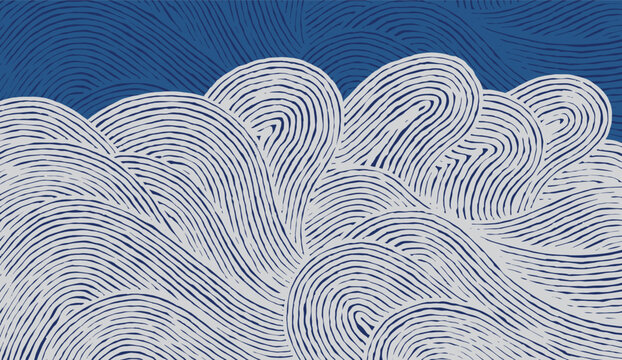 Crafted hand drawn wave brush line abstract pattern in white and indigo blue, Japanese and ethnic, tribal wood carving, block print textured surface background, simple graphic for carpet, textile