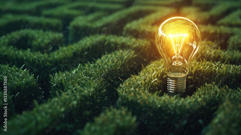 Poster a glowing lightbulb at the heart of a vast green maze, representing a breakthrough idea or solution 