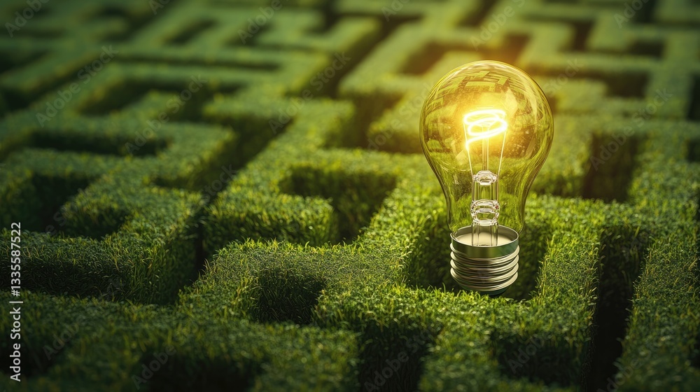 Poster a glowing lightbulb shining brightly in the middle of a green maze, symbolizing the clarity of an id