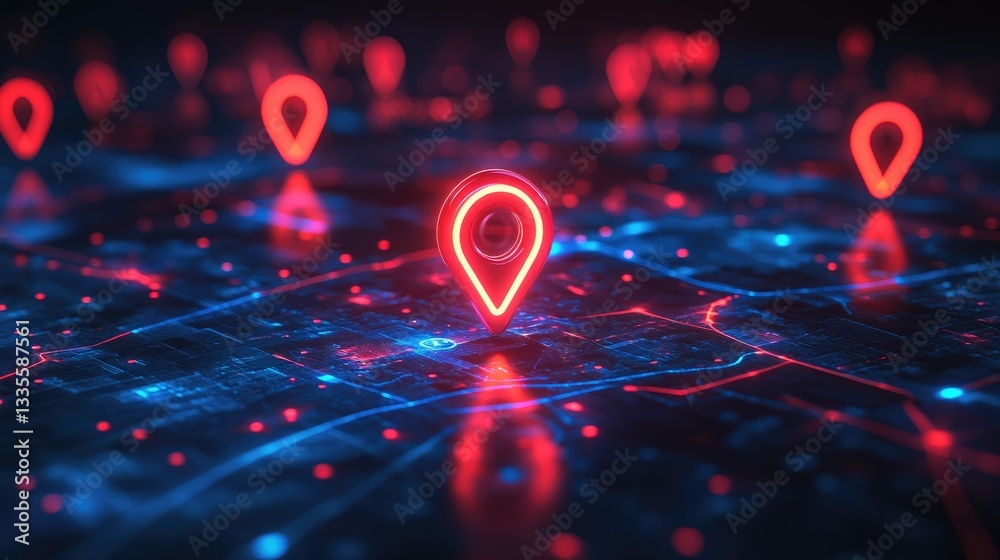 Poster a glowing neon map pin in red and blue placed on a dark city map, surrounded by other pins, represen
