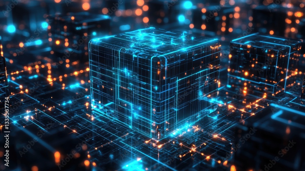 Poster A high-tech scene featuring a large central tech cube connected to smaller cubes, with a futuristic design and glowing blue hues, symbolizing innovation and digital advancement