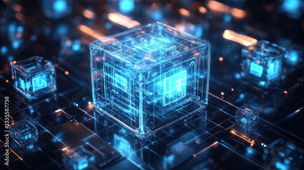 Aufkleber a high-tech scene featuring a large central tech cube connected to smaller cubes, with a futuristic 