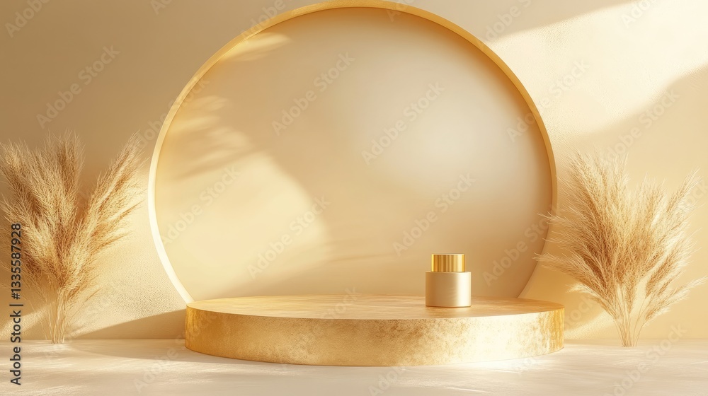 Poster a minimalist abstract scene with glossy golden geometric forms and a luxury podium, ideal for showca
