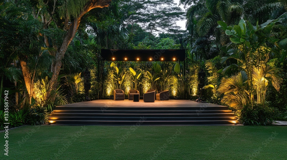 Poster a minimalist stage setup with soft lighting, surrounded by lush greenery, ideal for presentations or