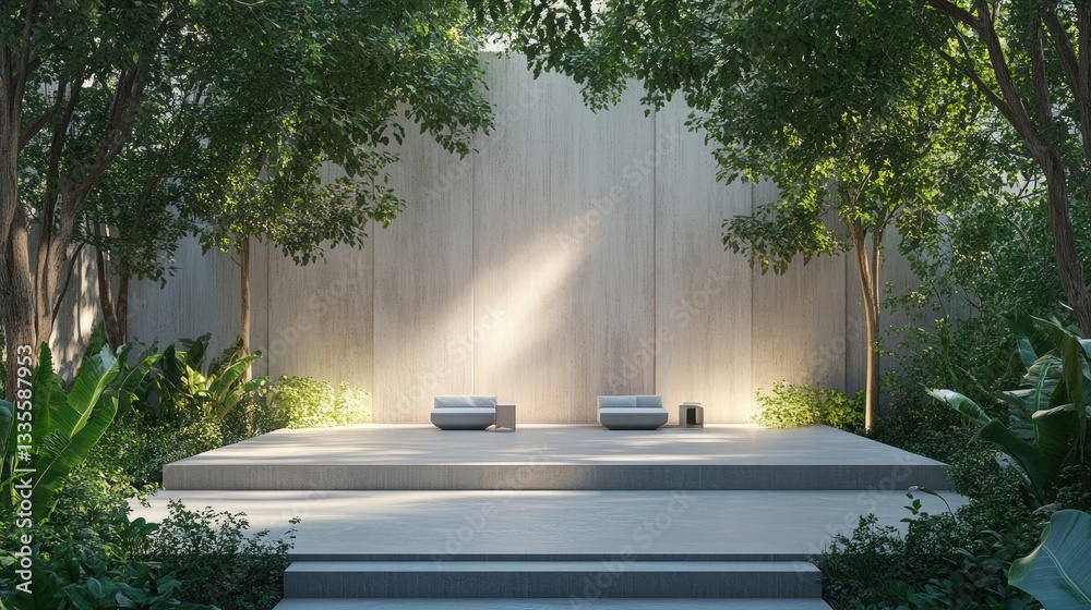 Poster a minimalist stage setup with soft lighting, surrounded by lush greenery, ideal for presentations or