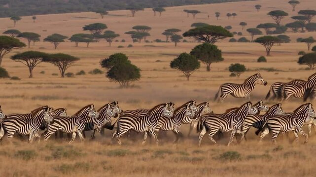 Herd of zebras migrating across golden grassland in African savanna