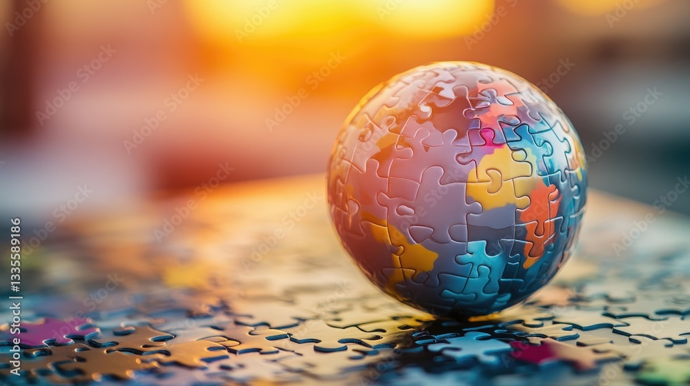Poster a puzzle shaped like a globe, with pieces coming together to symbolize global unity and connection, 