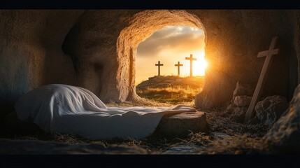 A powerful scene inside the empty tomb of Jesus Christ, where a white cloth rests on the stone slab, looking out to the hill with three crosses at sunrise, bathed in soft, dramatic lighting
