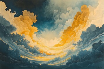 Celestial Drama in Watercolor, Sunshine breaking through clouds