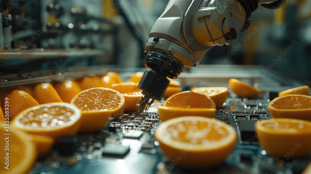 Poster a robotic arm performing soldering and assembly on a printed circuit board (pcb) in a high-tech manu