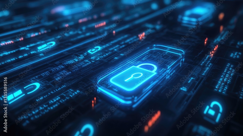 Poster A secure password field lighting up with a strong password being entered, accompanied by lock icons, showcasing digital security in a sleek design