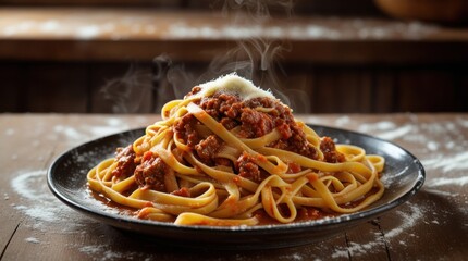 Fototapeta premium A steaming plate of tagliatelle al ragù, golden handmade pasta coated in a slow-cooked, rich meat sauce. The sauce clings to the strands, with a sprinkle of Parmesan melting into the dish. 