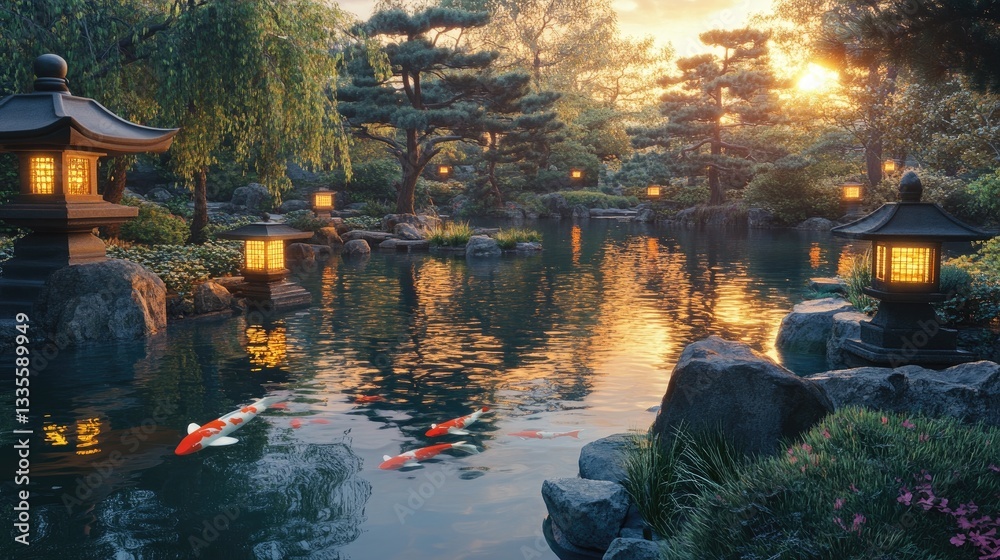 Aufkleber a serene japanese garden at dusk, featuring a koi pond and stone lanterns surrounded by bonsai trees