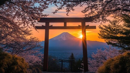 A serene view of Mount Fuji at sunrise, framed by cherry blossoms, with a traditional wooden torii gate in the foreground, capturing the iconic beauty of Japan