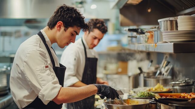 Two chefs skillfully prepare dishes in a professional kitchen setting atmosphere
