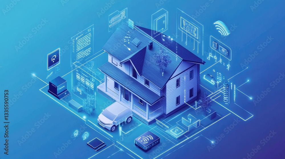 Poster A sleek, isometric view of a smart home with devices and appliances linked by a futuristic interface, showcasing cutting-edge home technology