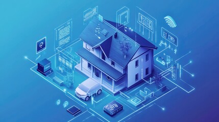 Obraz premium A sleek, isometric view of a smart home with devices and appliances linked by a futuristic interface, showcasing cutting-edge home technology