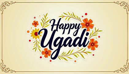 Vibrant Ugadi Greeting Card: Festive Floral Design for Happy Celebrations. A floral frame with the words Happy Ugadi surrounded by flowers.