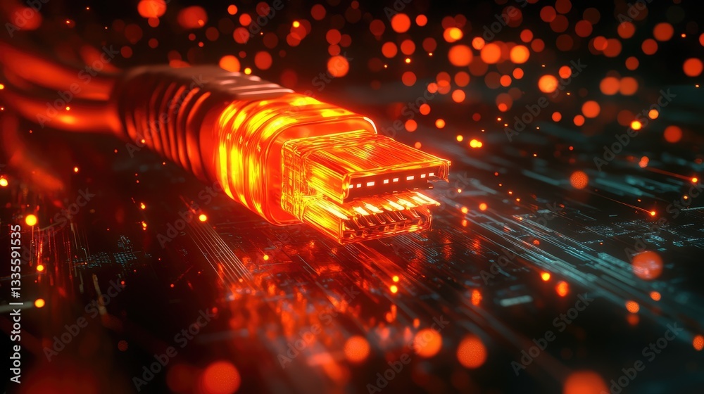 Poster A striking image of a glowing Ethernet cable with red sparks, symbolizing hacking and unauthorized access, set in a dark, digital environment with intense lighting