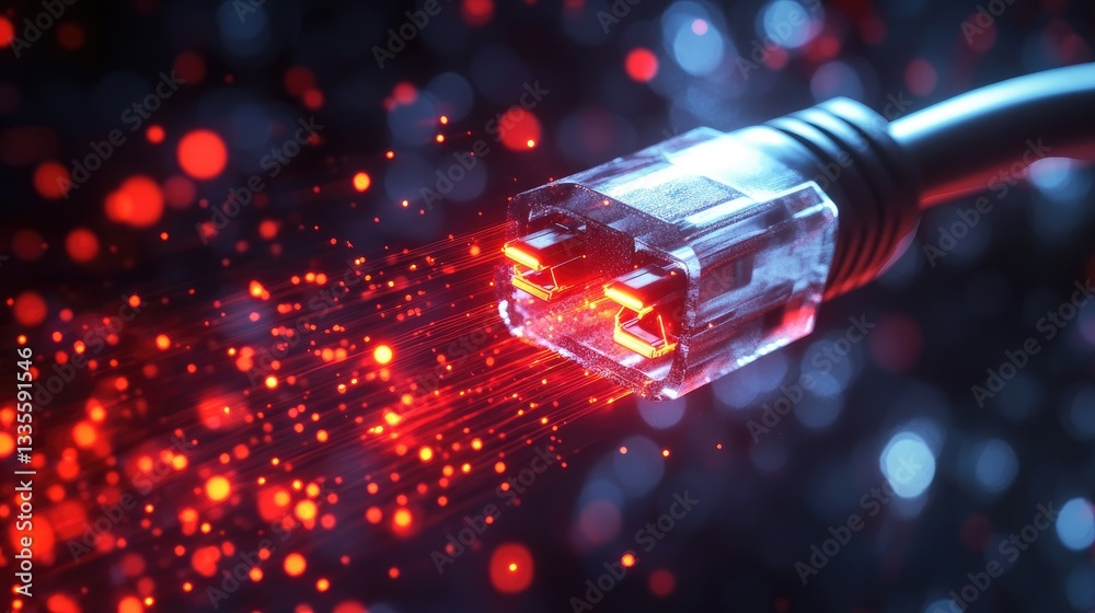 Poster A striking image of a glowing Ethernet cable with red sparks, symbolizing hacking and unauthorized access, set in a dark, digital environment with intense lighting