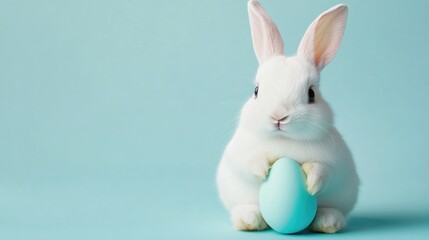 Obraz premium A studio portrait of a cute white bunny rabbit holding a soft-colored Easter egg, with a clean and simple light blue background, evoking a calm and minimalist Easter theme