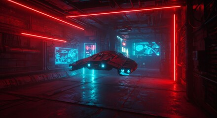 Futuristic Spaceship in Neon Lit Cyberpunk Corridor Sci Fi Vehicle in Red and Blue Glowing