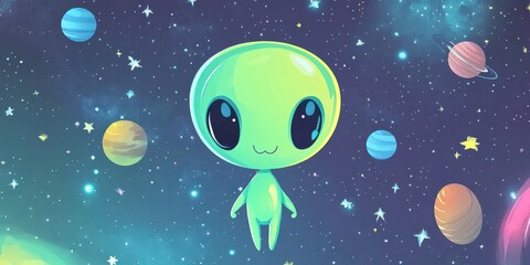 Fototapeta premium A Friendly Smiling Green Alien Surrounded By Planets And Stars