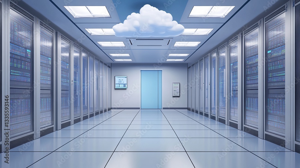 Poster modern data center server room cloud computing technology infrastructure digital network servers sto