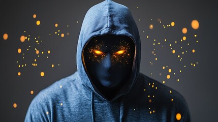 Hooded figure with glowing eyes and particles.