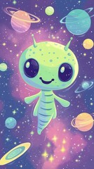 Fototapeta premium A friendly smiling alien floating among the colorful planets
