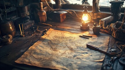 An ancient map spread across a wooden table, with a navigator plotting a course and surrounded by traditional nautical instruments, at dusk on a sailing ship