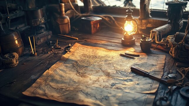 An ancient map spread across a wooden table, with a navigator plotting a course and surrounded by traditional nautical instruments, at dusk on a sailing ship