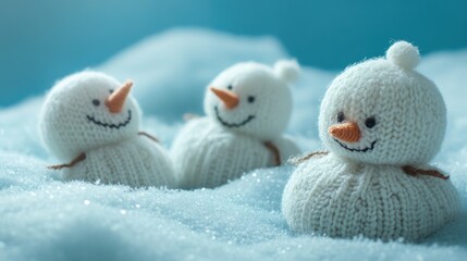 Obraz premium Close-up of little knitted snowmen resting on soft snow with a blue background, creating a charming, wintry, and festive vibe