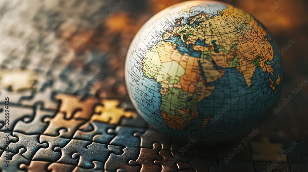 Poster Pieces of a globe puzzle fitting together, symbolizing interconnectedness and global collaboration, with a focus on unity and shared goals