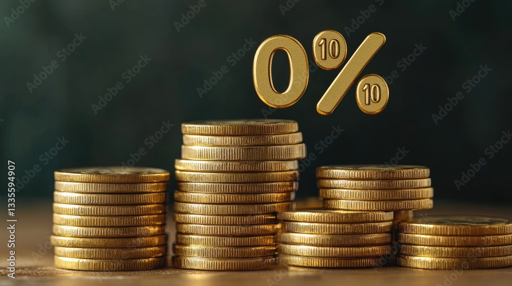 Poster stacks of shiny gold coins with a percentage symbol rising from them, illustrating the concept of in