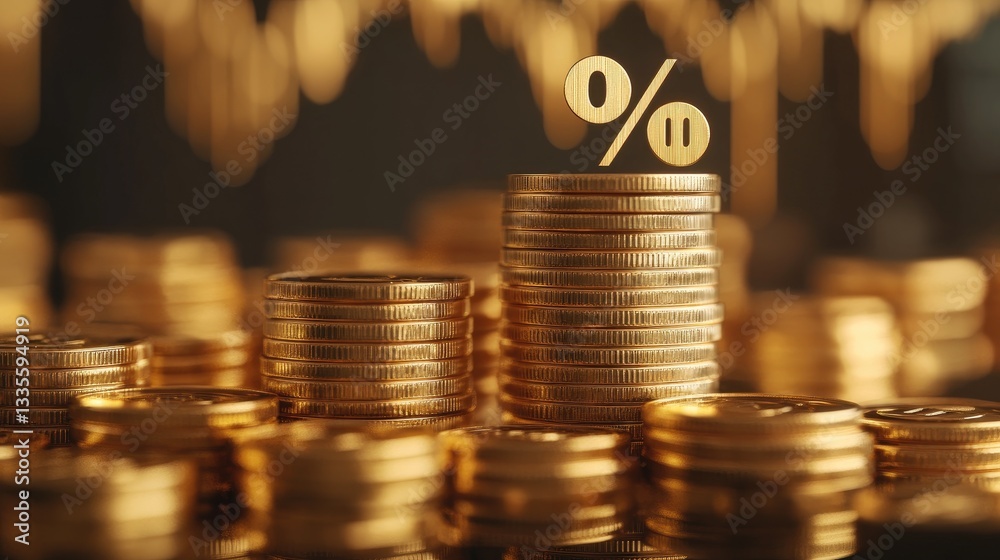 Poster stacks of shiny gold coins with a percentage symbol rising from them, illustrating the concept of in