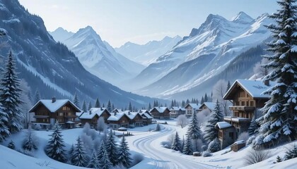 Picturesque Snowy Mountain Village 8644