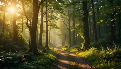 Obraz premium Sun-Dappled Forest Path Serenity 7288