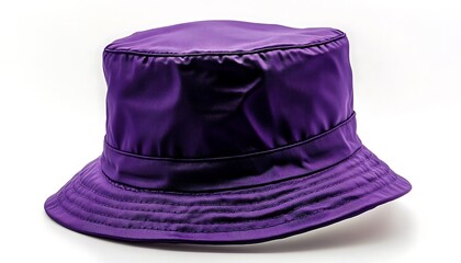 A vibrant purple bucket hat is displayed against a white backdrop