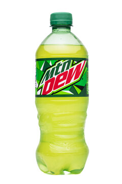 bottle of Made in USA  Mtn Dew brand citrus soft drink on a transparent background