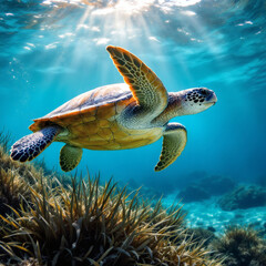 Fototapeta premium Majestic Sea Turtle Swimming Above Vibrant Sea Grass in Crystal Blue Ocean