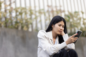 Future remote work combines technology smart phone connection online white digital business woman...