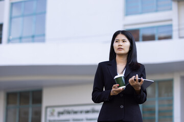 Future remote work combines technology smart phone digital business woman enable e-learning...