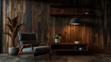 Fototapeta premium Cozy Modern Living Room with Wooden Walls and Minimalist Decor