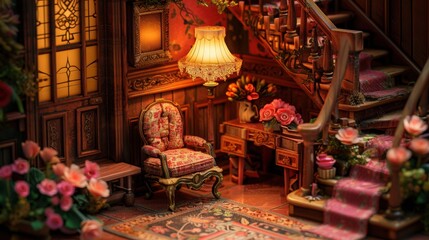 Fototapeta premium Cozy Victorian Style Interior with Elegant Furniture and Flowers