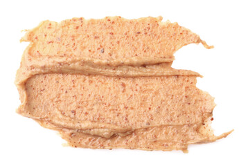 Sample of tasty nut butter isolated on white, top view