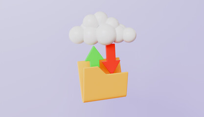 Cloud with folder and exchange arrow, cloud connection, data backup icon, cloud computing concept 3d illustration