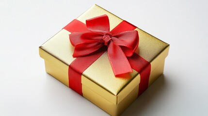 Obraz premium Golden Gift Box with Red Ribbon, Symbolizing Elegance and Celebration 