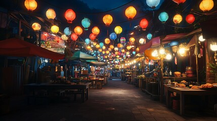 Chinese lanterns in night market, Mai, Thailand.